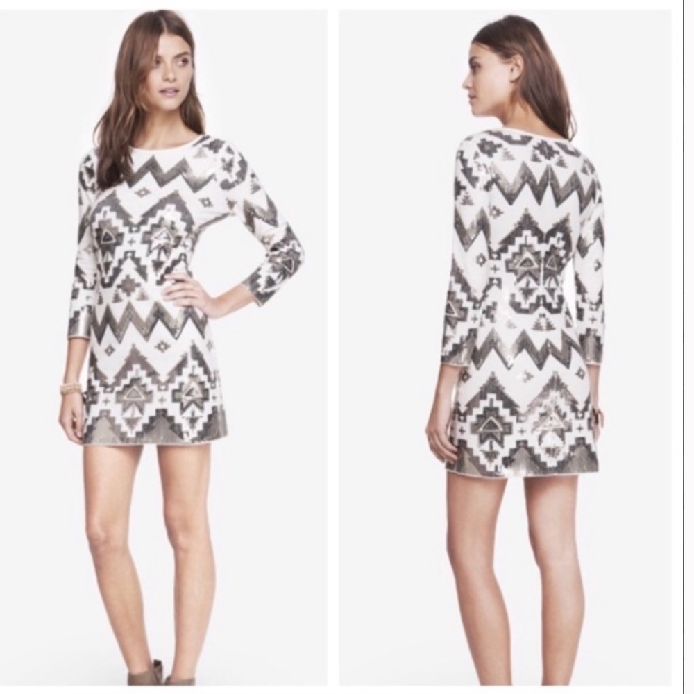 Express White Sequin Long Sleeve Dress M